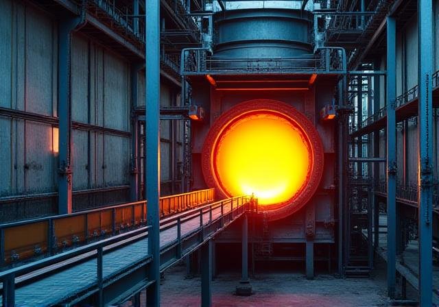 Industrial metal manufacturing facility with dramatic lighting