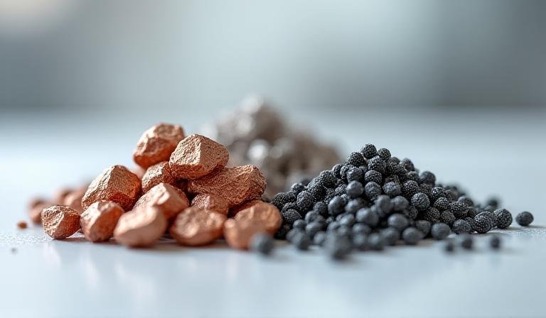 Close up view of raw copper and iron ore samples in a laboratory setting