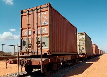 Multi-modal transport hub showing trucks and shipping containers